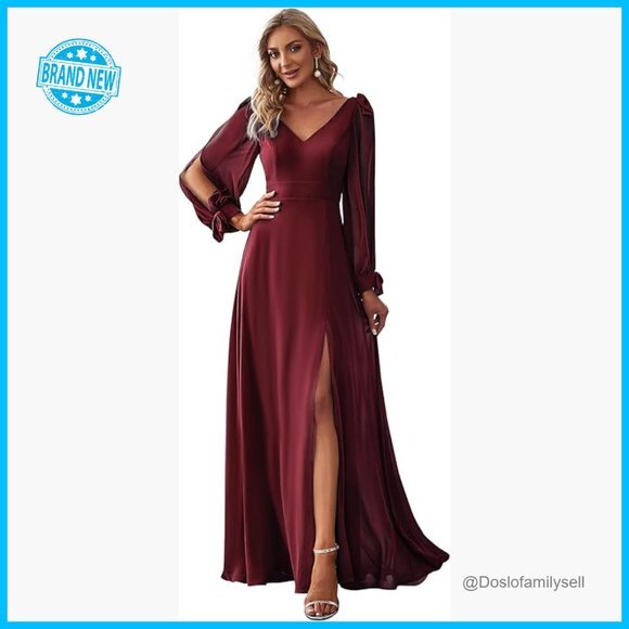 Elegant Formal Chiffon Gown Long Sleeve V-Neck A-Line Floor Length Evening Dress